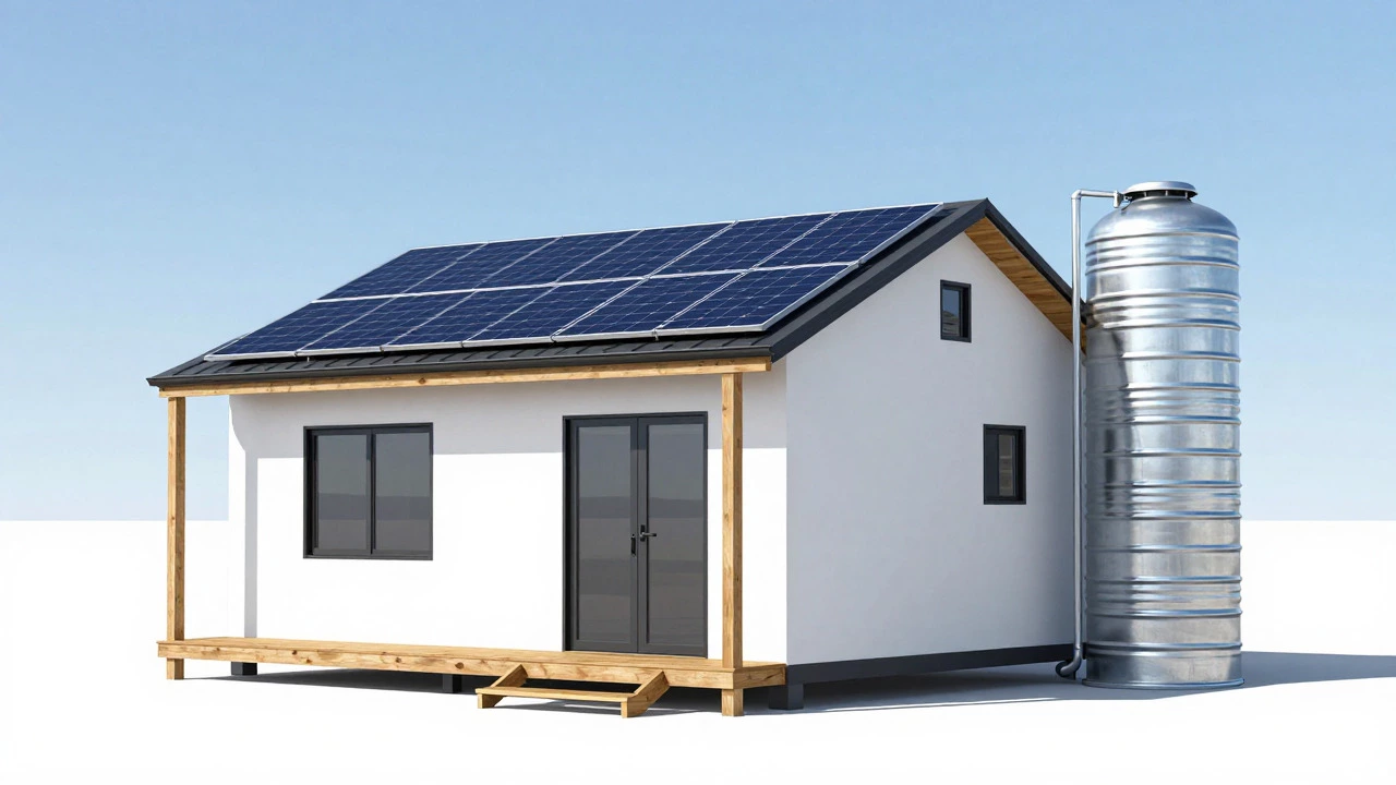 Compact eco-home with solar panels and rainwater harvesting tank