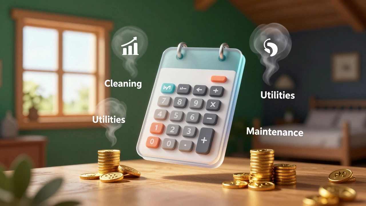 Conceptual art showing cottage rental expenses vs profit with coins and cabin