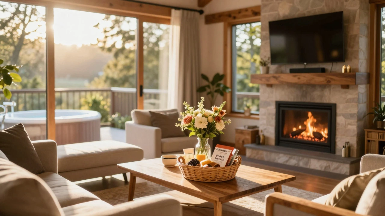 Sunlit luxury cottage interior with fireplace and welcome basket